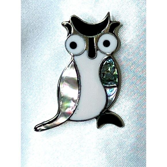 Alpaca Mexico Silver Inlay Mother of Pearl Owl Brooch Pin Vintage - Picture 2 of 5
